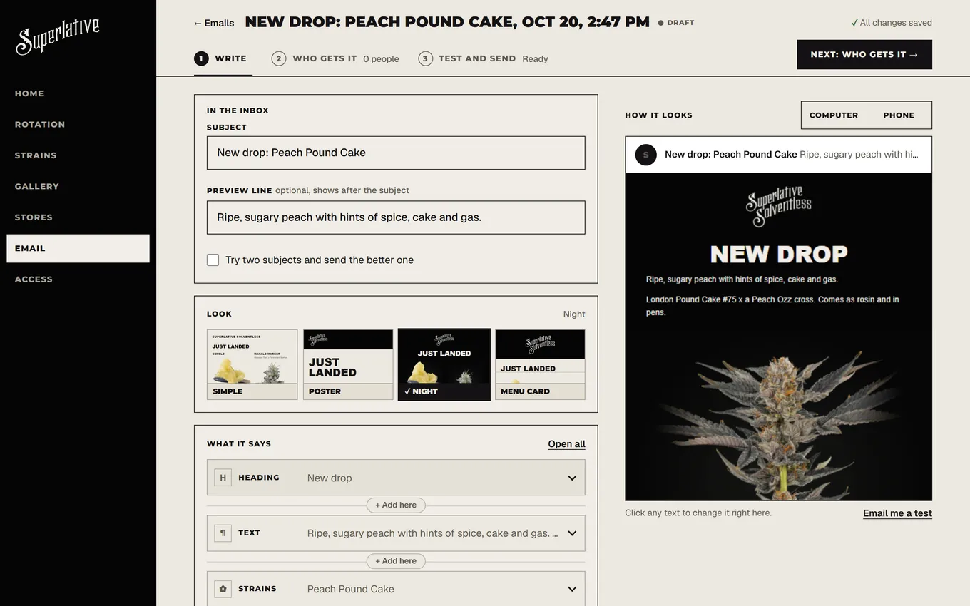 Flyleaf email editor: subject and preview line on the left, a style picker, and a live preview of a dark 