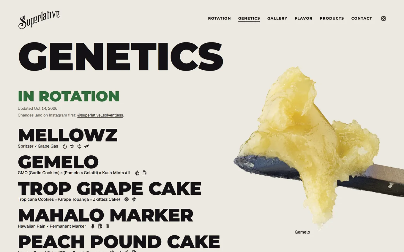 Genetics page listing strains in large type with their crosses, next to a photo of rosin on a dab tool
