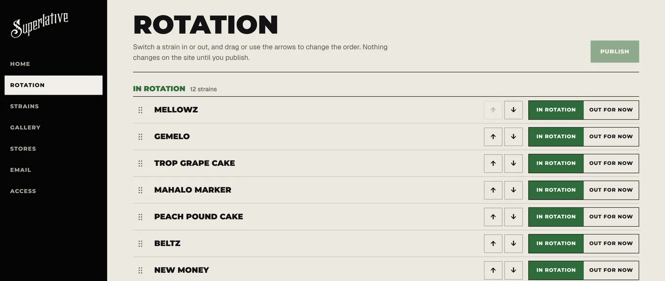 Admin rotation screen: a list of strains, each with up and down arrows and an In rotation / Out for now switch